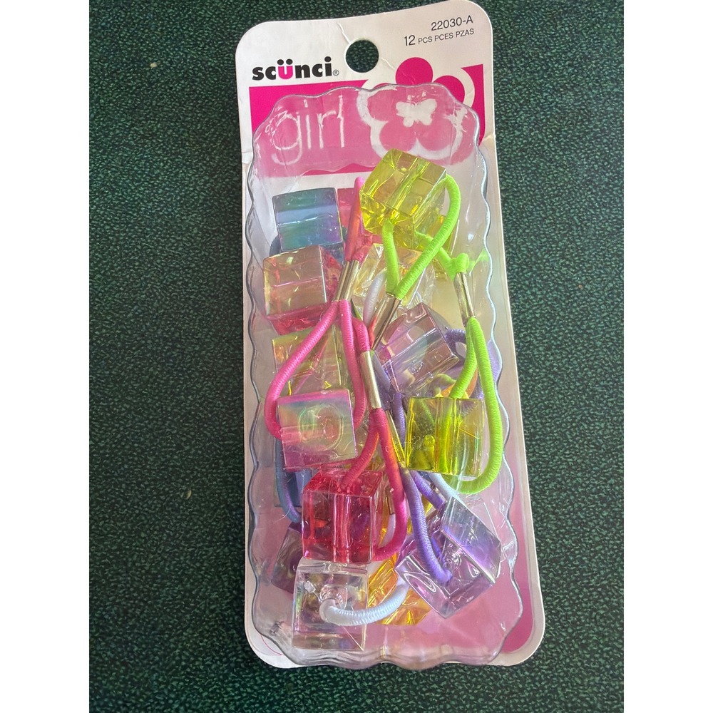Vintage Scunci Girl Hair Ties 12pc Neon Iridescent Cube Beads Y2K 2008 22030-A